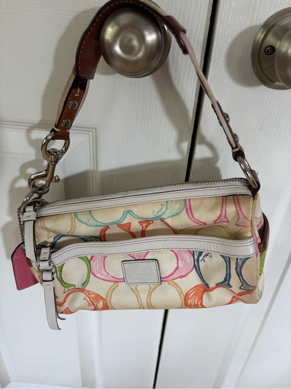 Coach Cream Multicolor Ring-Print Mini Shoulder Bag with Brown Strap